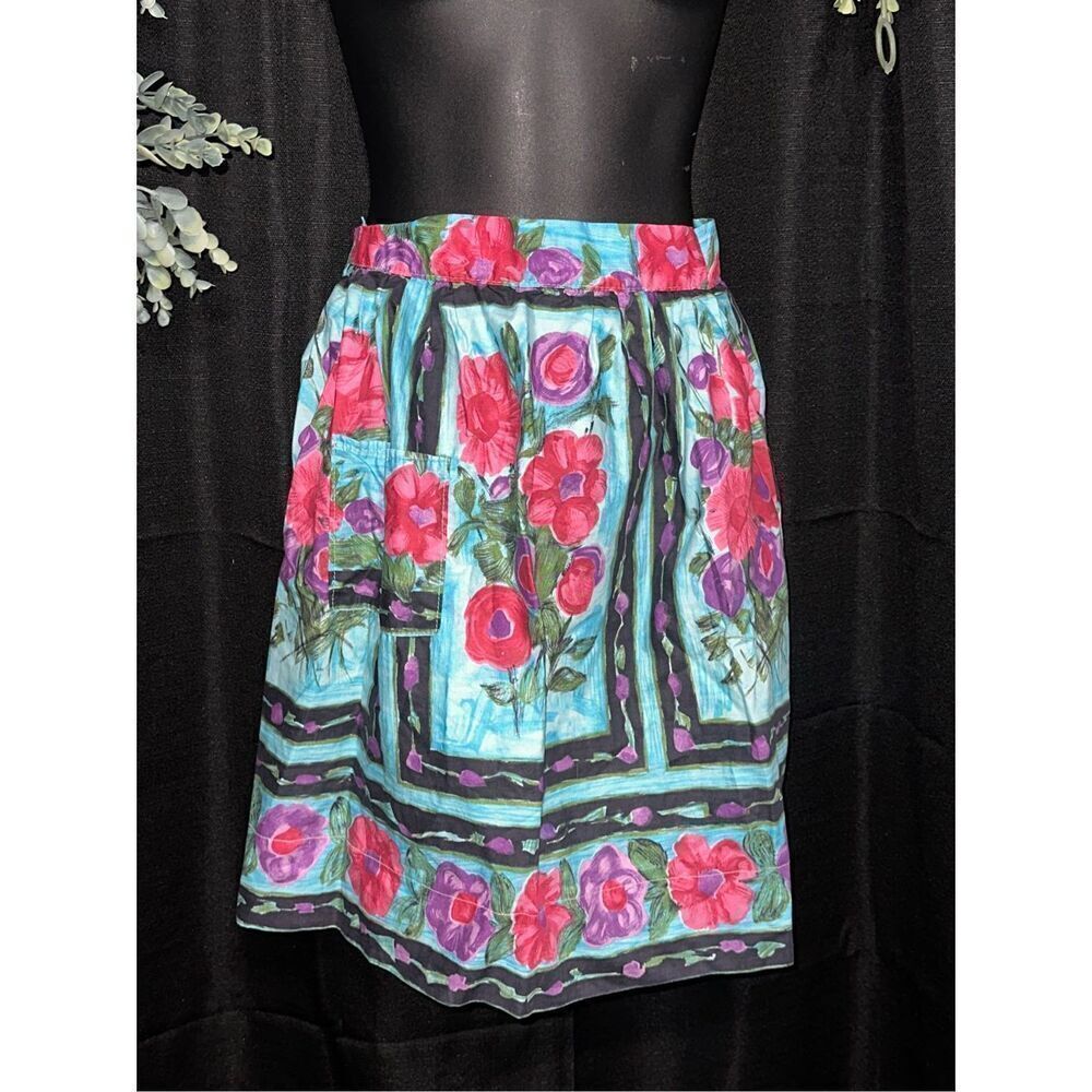 VINTAGE Hand Made Vintage (1960s?) Pink, blue, and black Floral Apron, half apro